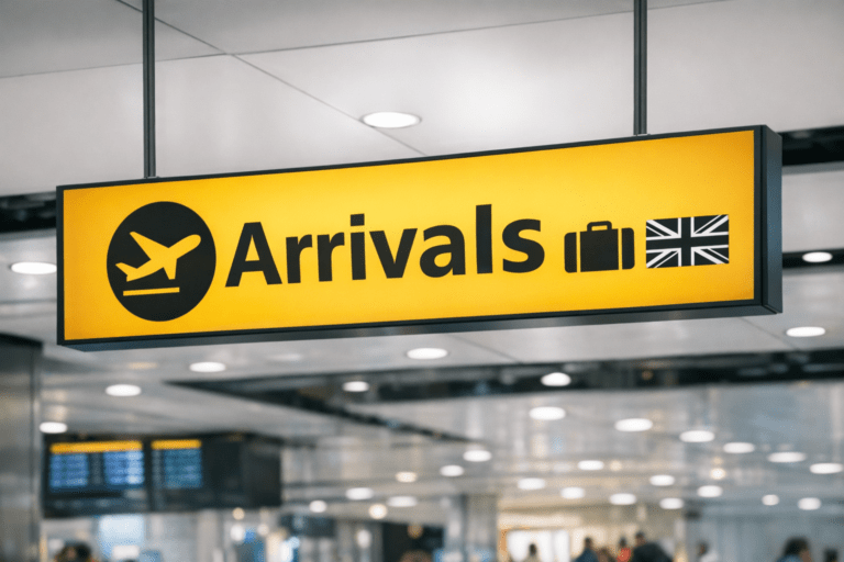 Arrivals sign at UK airport
